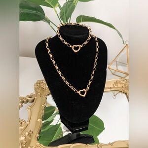 Chunky heart stainless steel necklace and bracelet set